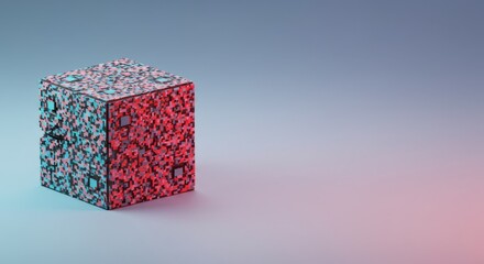 Poster - Abstract Pixelated Cube 3D Render Neon Pink and Cyan Colors Digital Art