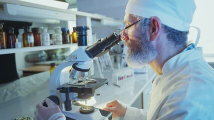 Wall Mural - scientific researcher wearing lab coat carefully adjusting microscope lens, examining biological sam