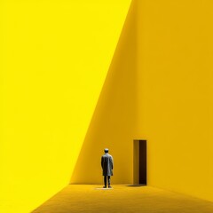 Aufkleber - Architectural Minimalism: Solitude in a Yellow Void, a Figure Stands Before a Threshold.