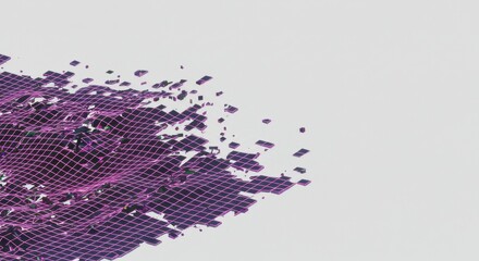 Poster - Abstract Purple Digital Landscape: A 3D Render of Fragmenting Grid