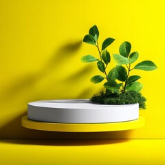 Poster - Minimalist Showcase: White Podium with Natural Greenery on a Vibrant Yellow Backdrop.