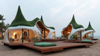 Poster - Unique green buildings with curved shapes and natural elements promote a zero emission lifestyle by the beach, creating a harmonious balance between nature and modern architecture