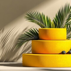 Poster - Tropical Display: Yellow Product Stand with Palm Leaves and Shadow, Modern Presentation.