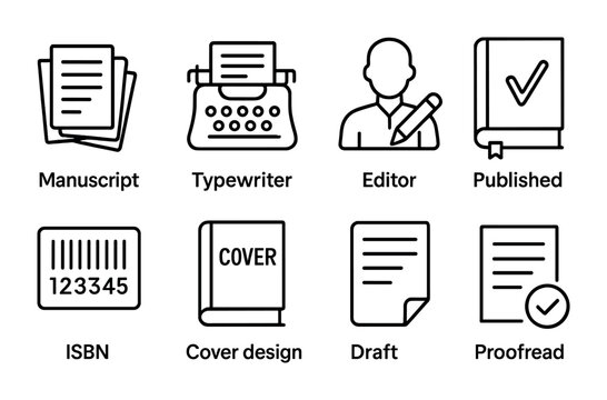 outline vector icons of publishing: manuscript, typewriter, editor icon, published book, ISBN, cover design, draft version, proofread mark. No text. The icons should be clean. isolated transparent