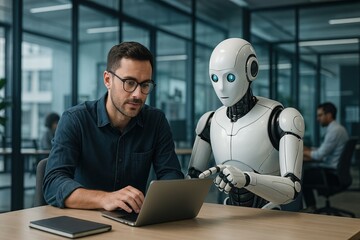 human and humanoid robot working together on a laptop in modern office