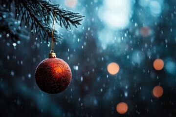 Aufkleber - A striking red Christmas ball with intricate golden patterns dangles from a pine branch, creating a festive atmosphere against a blurred frosty backdrop