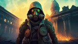 Futuristic Rebel in Gas Mask amidst Ruins A Stark Contrast of Grunge and Glamour in a Post Apocalyptic Landscape, Evoking a Sense of Mystery and Drama.