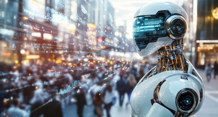 Poster - A robot stands amidst bustling city crowds, showcasing advanced synthetic features while engaging with human emotions. Its design highlights the fusion of technology and humanity in urban life.