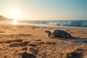 Poster - A sea turtle enjoys a moment of rest on a sandy beach as gentle waves wash ashore beneath the warm glow of golden sunlight during sunset