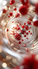 Poster - Red spherical microbes swirl energetically in a clear fluid, creating a vivid and abstract visual. Concept of microbiology, scientific research, healthcare innovation