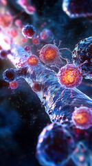 Poster - Colorful cells interact fluidly on a dynamic cellular surface. Microscopic details reveal life forms thriving in a vivid biosphere. Concept of biology, medical research, science education