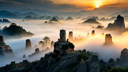 Poster - Ancient ruins amidst a mystical mountain sunrise shrouded in fog