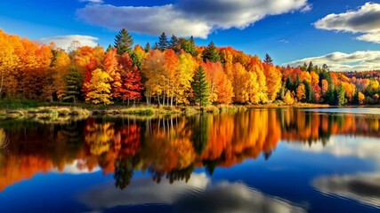 Aufkleber - Vibrant Autumn Foliage Reflected in a Serene Lake Under a Breathtaking Sky