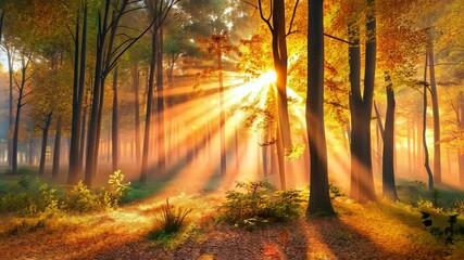 Poster - Golden rays of sunlight illuminate a misty autumn forest at sunrise