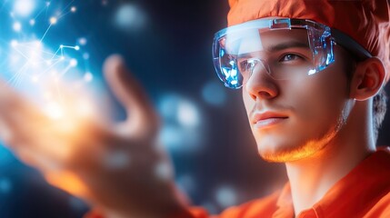 Fototapete - Vision of Future: A focused individual, illuminated by digital light, gestures with outstretched hand towards a network of interconnected nodes, representing the complex world of information.