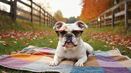 Poster - english bulldog lying on the grass
