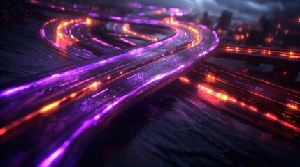 Canvas Print - Futuristic city highways glowing with neon lights at night