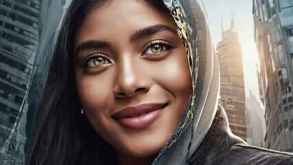 Poster - Close-up of a person smiling genuinely with blurred city background, natural light.

