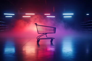Poster - Shopping cart illuminated by vibrant neon lights creates a striking visual in a dark retail environment, offering space for promotional text or advertising content