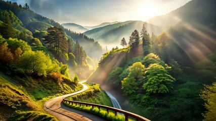 Poster - Serene mountain road winds through lush green valley at sunrise
