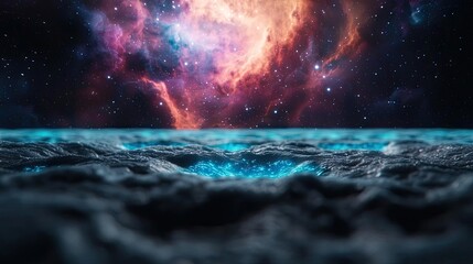 landscape of alien planet featuring nebula and glowing oceanic concept. vivid cosmic landscape showc
