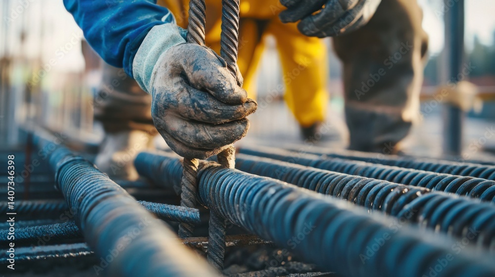 Construction laborer lifting steel rods for reinforcement. Featuring ...