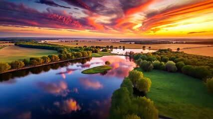 Poster - Tranquil aerial view of a picturesque lake and lush fields at sunset with vibrant clouds