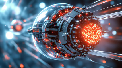 Poster - Energy core pulsating with red glow amid swirling particles in digital space. High-tech environment featuring intricate machinery. Concept of technology, innovation, energy solutions