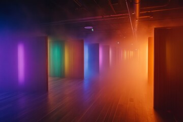 Aufkleber - A surreal corridor filled with vibrant, otherworldly light reflecting off walls, creating a mystical atmosphere with a glowing dimensional rift at the end