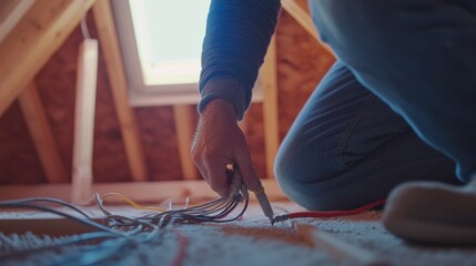  Electrician testing electrical wiring in attic. Featuring expertise and care