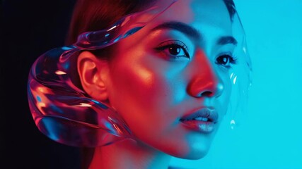 Poster - A floating visage coming to life in swirling ribbons of neon blues and oranges, 