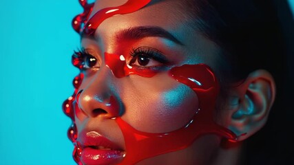 Poster - A floating visage coming to life in swirling ribbons of neon blues and oranges, 