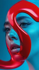 Poster - A floating visage coming to life in swirling ribbons of neon blues and oranges, 