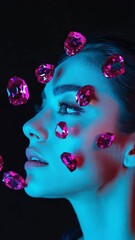 Poster - A floating visage coming to life in swirling ribbons of neon blues and oranges, 