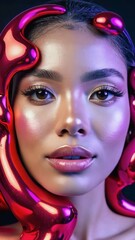 Poster - A floating visage coming to life in swirling ribbons of neon blues and oranges, 