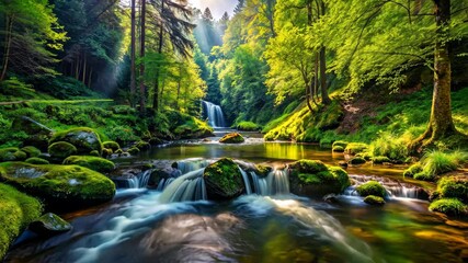 Poster - Serene river flows through a vibrant green forest with a majestic waterfall and moss-covered rocks