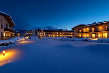 Poster - A warm and inviting winter house showcases snow-covered roofs and glowing lights, nestled in a tranquil snowy landscape beneath a clear blue sky