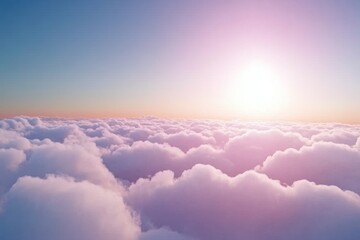 Aufkleber - Above fluffy white clouds, warm sunlight breaks through a tranquil sky, offering a serene and peaceful ambiance with ample space for text on the right