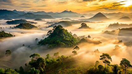 Poster - Misty Mountain Sunrise A Breathtaking Aerial View of Nature's Majesty
