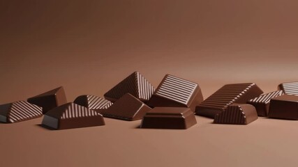 Aufkleber - Various chocolate pieces are sliding smoothly on a brown background, creating a visually appealing arrangement against a minimalist backdrop