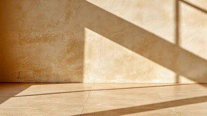 Fototapete - Sunlight streams through a window, casting dynamic shadows on the wall and tiled floor of an empty room, creating a tranquil and inviting atmosphere