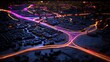 © h4kunA - Futuristic city map with glowing neon traffic routes at night