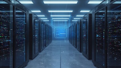  Huge bank of servers and storage units inside a data center with advanced technology on wall.