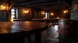 Medieval tavern interior, dimly lit, with wooden tables and candles