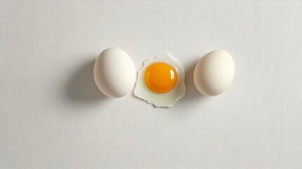 Aufkleber - Two whole white eggs flanking a fried egg on a white background create a minimalistic composition, showcasing the transformation and versatility of a simple ingredient
