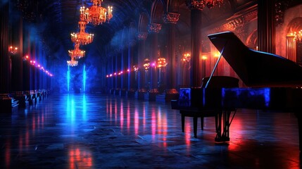Wall Mural - Grand piano in a dimly lit, ornate hall, with vibrant neon lighting, reflecting on the polished floor