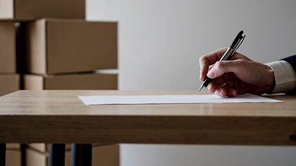Poster - Businessman's hand writing on a blank document at a wooden desk, with cardboard boxes stacked in the background, suggesting a shipping or e commerce environment