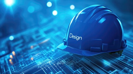 Poster - Blue Hard Hat on Digital Blueprint Innovative Design Concept for Engineering Construction
