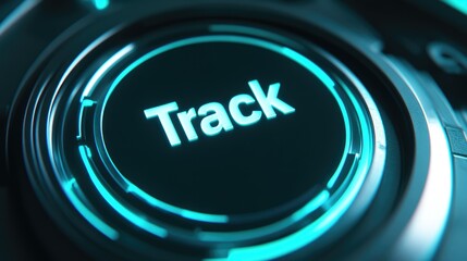 Poster - Futuristic Teal Track Button Interface Technology Digital Concept Abstract Closeup of a glowing Track button