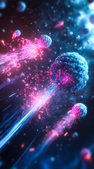 Poster - Colorful digital artwork shows cells moving through space with bright light trails. Vivid design captures dynamics of cellular activity in an abstract environment